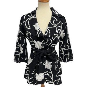 Moka Sport Women's Bell Sleeve Black & White Floral V-Neck Trench Blazer Size M